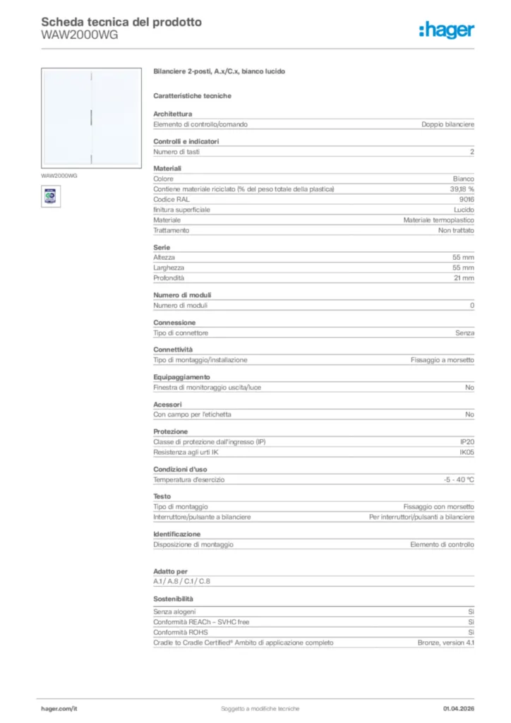 Immagine Hager Scheda tecnica del prodotto WAW2000WG | Hager Italia