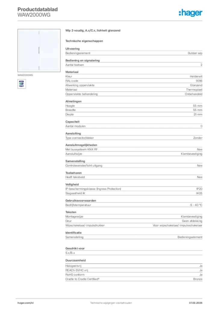 Afbeelding Hager Productdatablad WAW2000WG | Hager Nederland