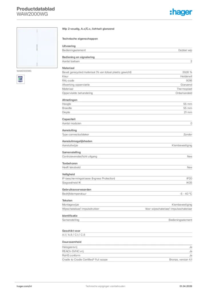 Afbeelding Hager Productdatablad WAW2000WG | Hager Nederland