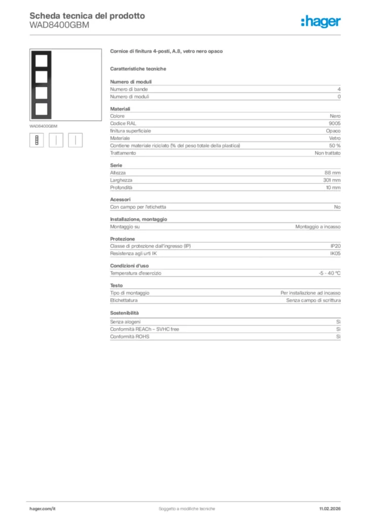 Immagine Hager Scheda tecnica del prodotto WAD8400GBM | Hager Italia