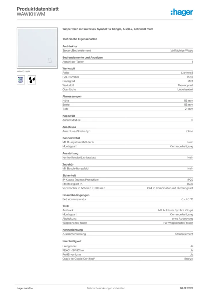 Bild Hager Produktdatenblatt WAW1011WM | Hager Deutschland