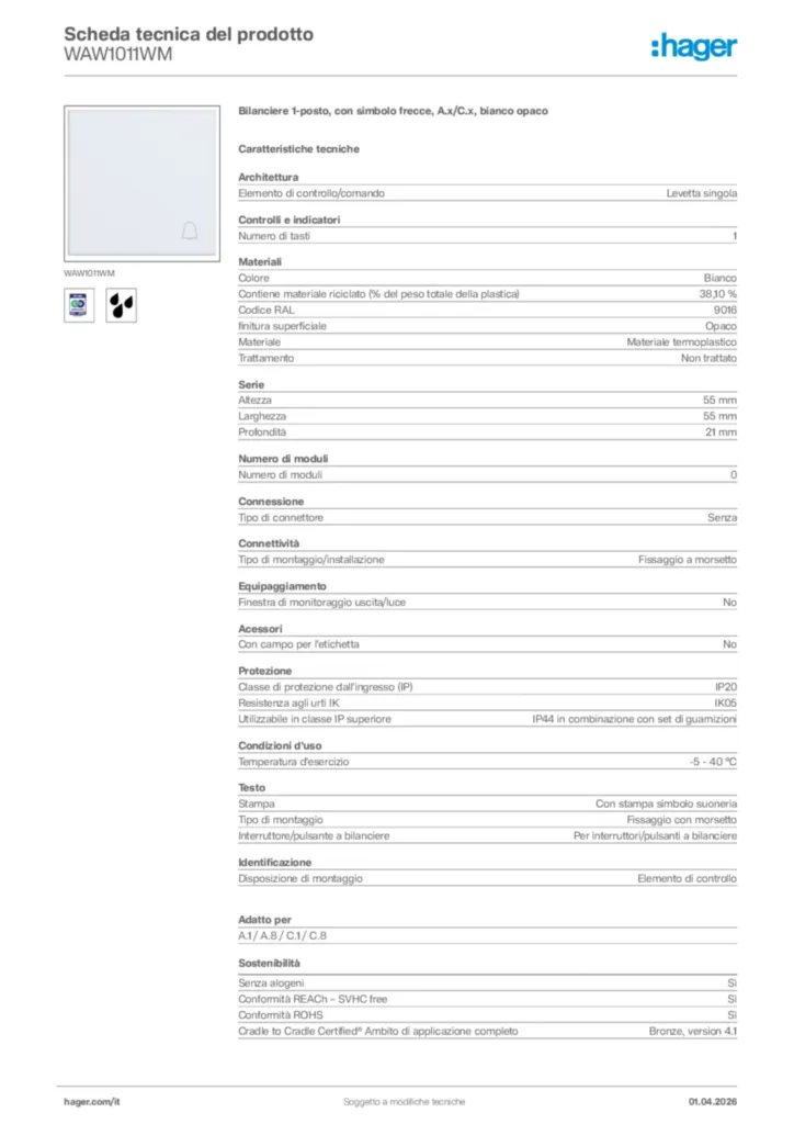 Immagine Hager Scheda tecnica del prodotto WAW1011WM | Hager Italia