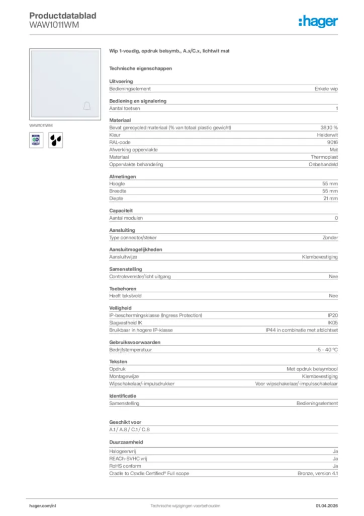 Afbeelding Hager Productdatablad WAW1011WM | Hager Nederland