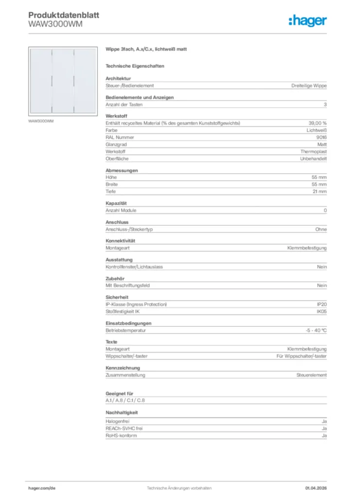 Bild Hager Produktdatenblatt WAW3000WM | Hager Deutschland
