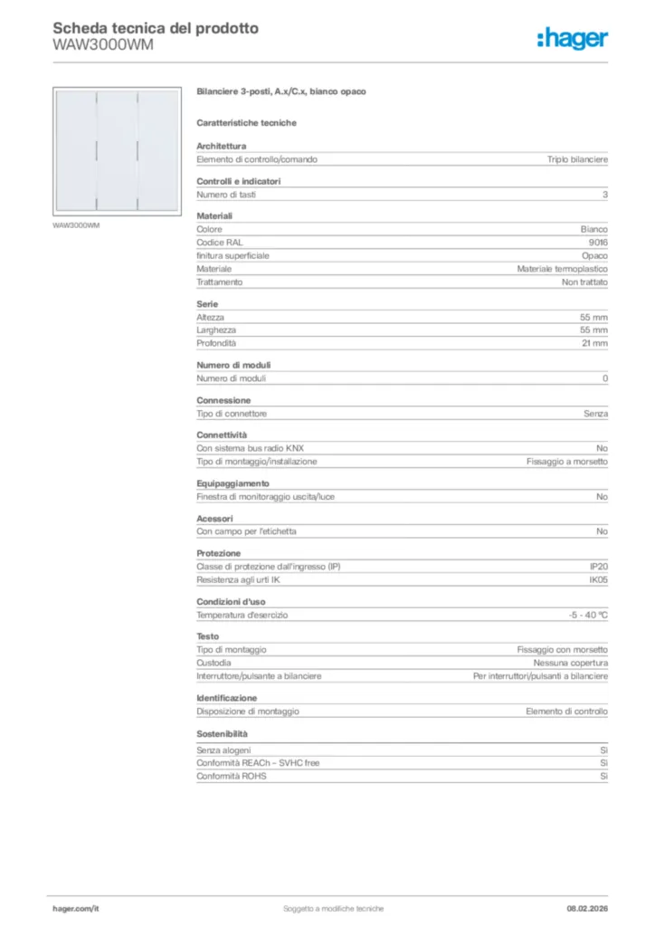 Immagine Hager Scheda tecnica del prodotto WAW3000WM | Hager Italia