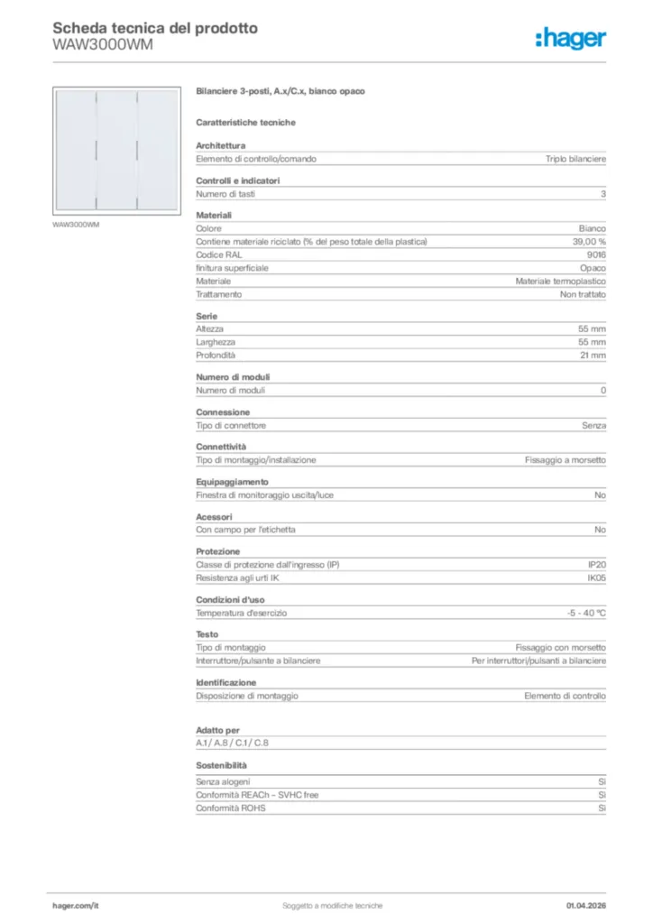 Immagine Hager Scheda tecnica del prodotto WAW3000WM | Hager Italia