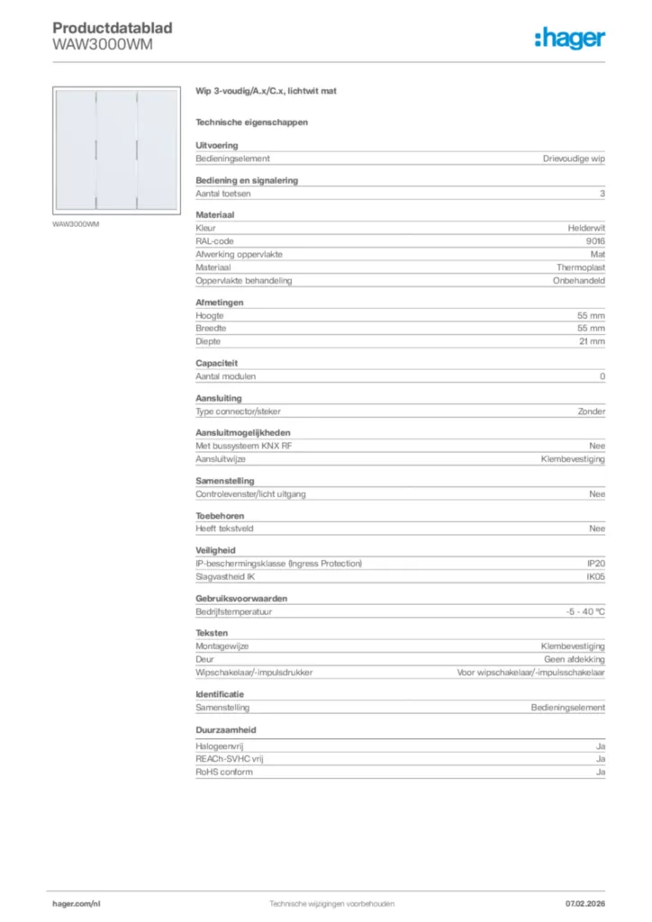 Afbeelding Hager Productdatablad WAW3000WM | Hager Nederland