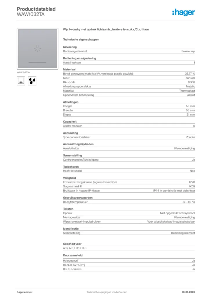 Afbeelding Hager Productdatablad WAW1032TA | Hager Nederland