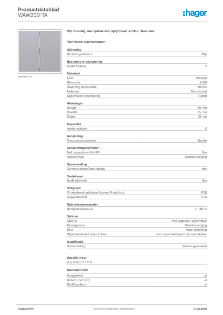 Afbeelding Hager Productdatablad WAW2001TA | Hager Nederland