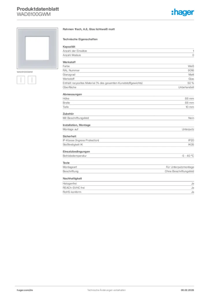Bild Hager Produktdatenblatt WAD8100GWM | Hager Deutschland