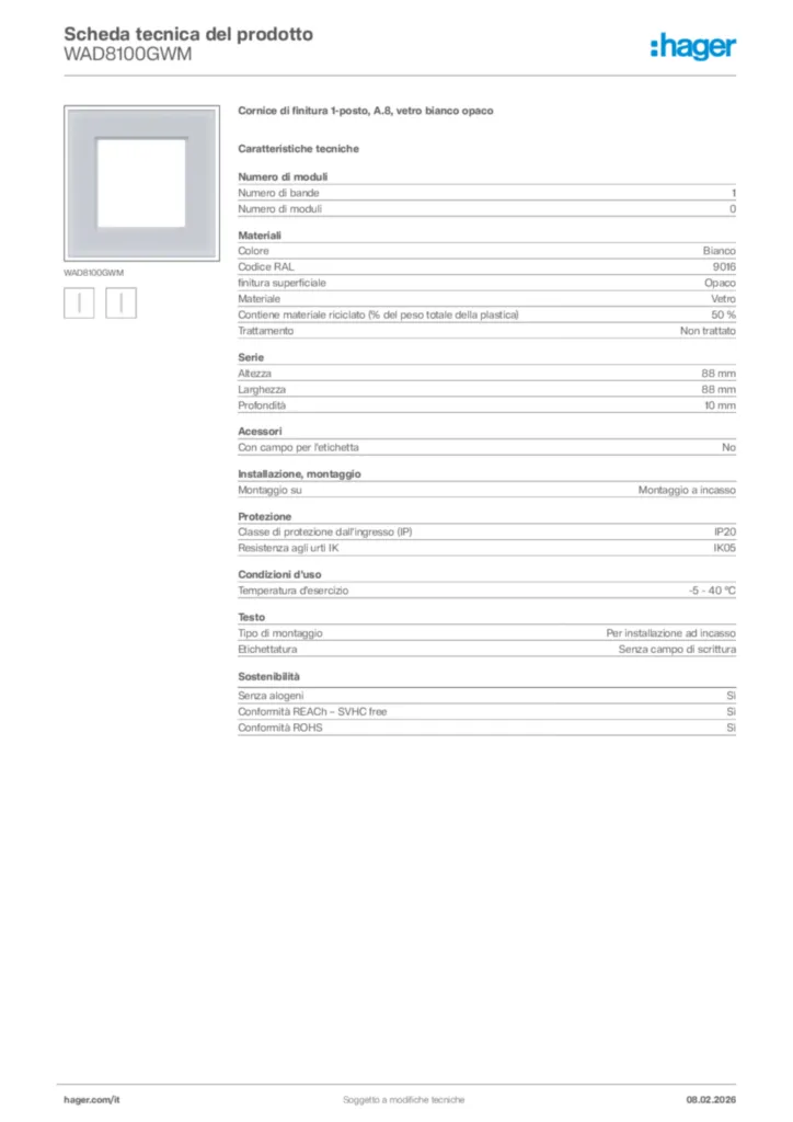 Immagine Hager Scheda tecnica del prodotto WAD8100GWM | Hager Italia