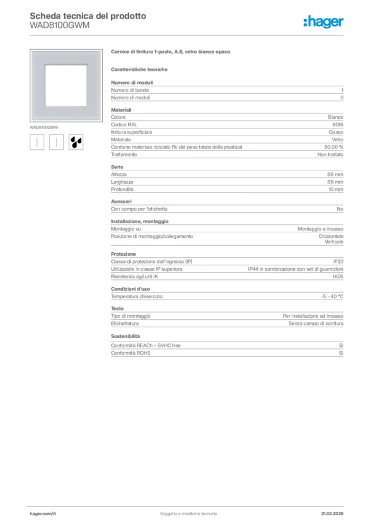Immagine Hager Scheda tecnica del prodotto WAD8100GWM | Hager Italia