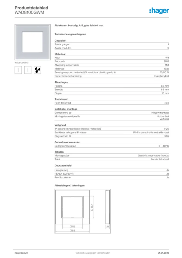 Afbeelding Hager Productdatablad WAD8100GWM | Hager Nederland