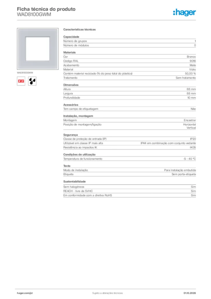 Imagem Hager Ficha técnica do produto WAD8100GWM | Hager Portugal