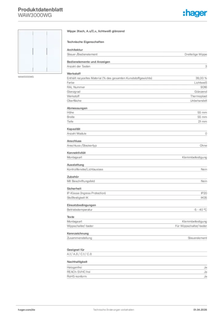 Bild Hager Produktdatenblatt WAW3000WG | Hager Deutschland