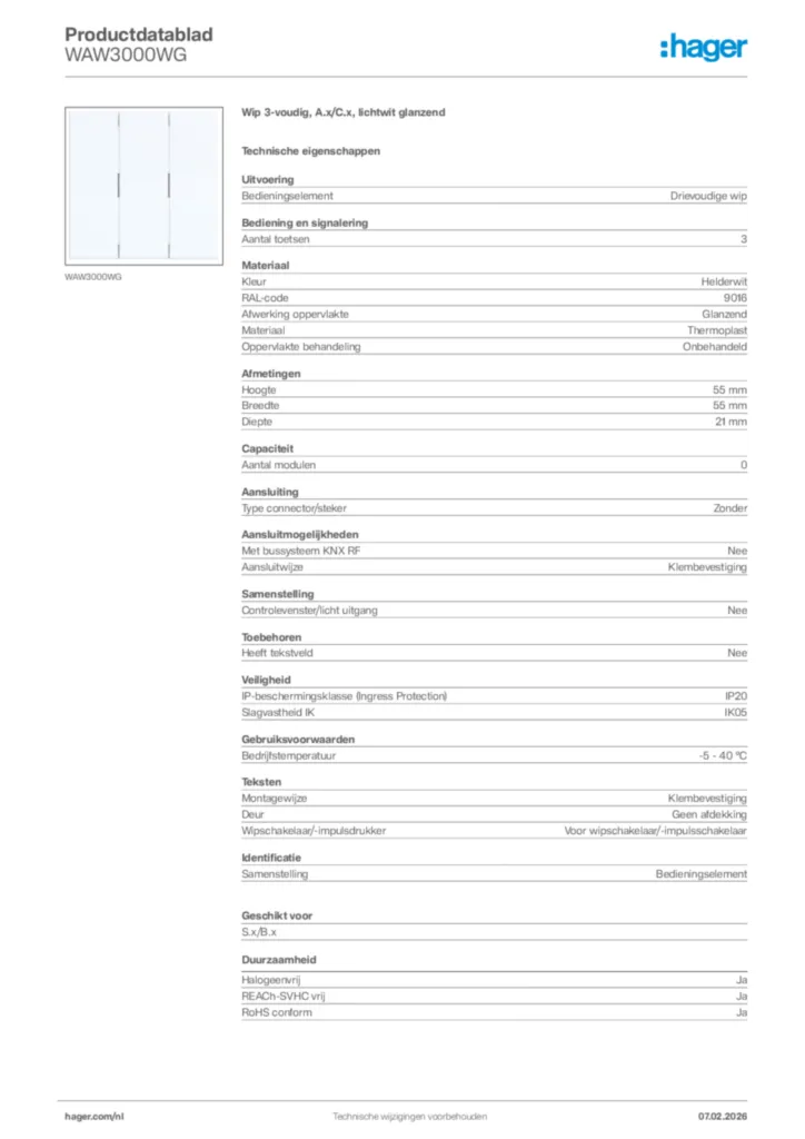 Afbeelding Hager Productdatablad WAW3000WG | Hager Nederland