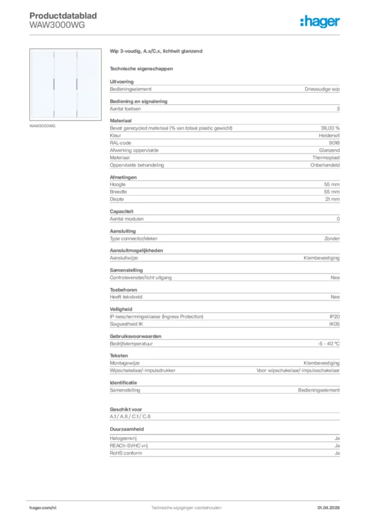 Afbeelding Hager Productdatablad WAW3000WG | Hager Nederland