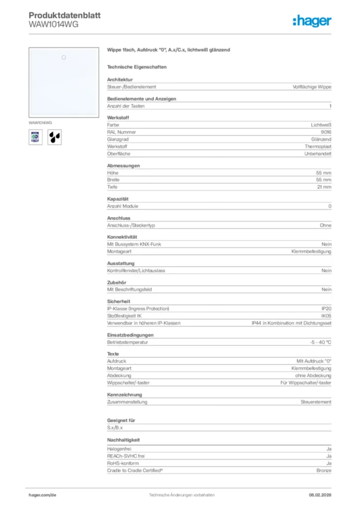 Bild Hager Produktdatenblatt WAW1014WG | Hager Deutschland