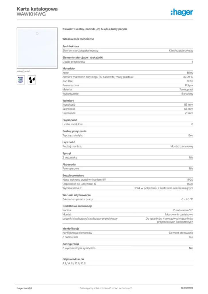 Zdjęcie Hager Karta katalogowa WAW1014WG | Hager Polska