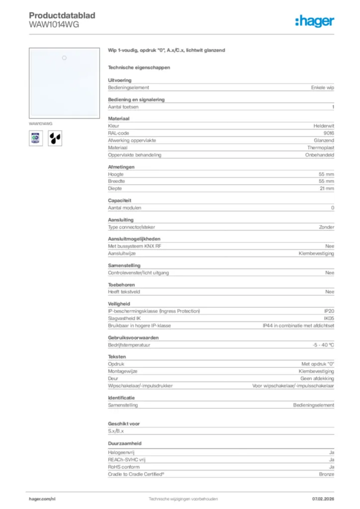 Afbeelding Hager Productdatablad WAW1014WG | Hager Nederland