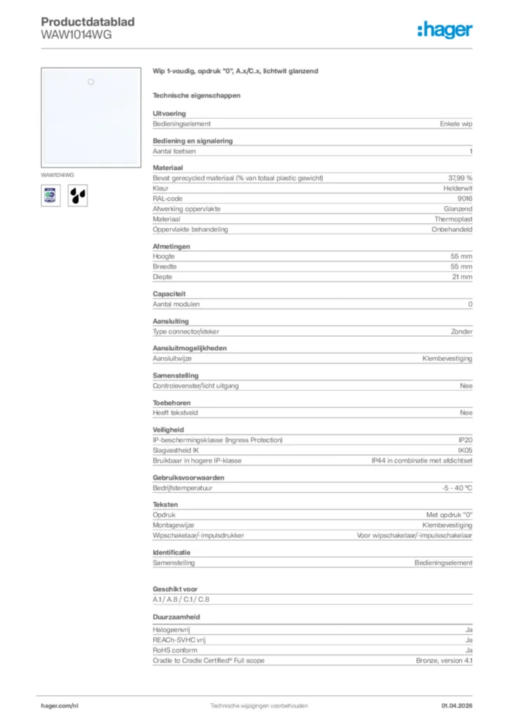 Afbeelding Hager Productdatablad WAW1014WG | Hager Nederland