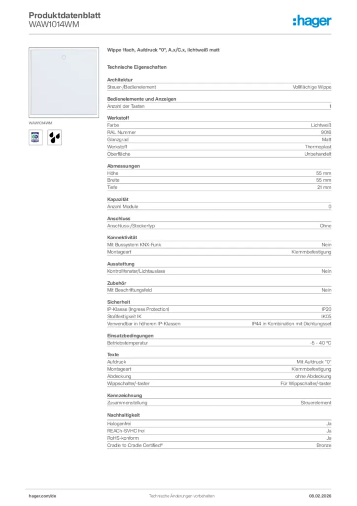 Bild Hager Produktdatenblatt WAW1014WM | Hager Deutschland