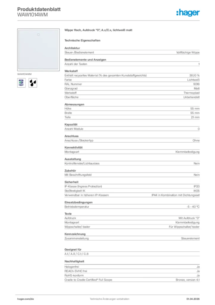 Bild Hager Produktdatenblatt WAW1014WM | Hager Deutschland