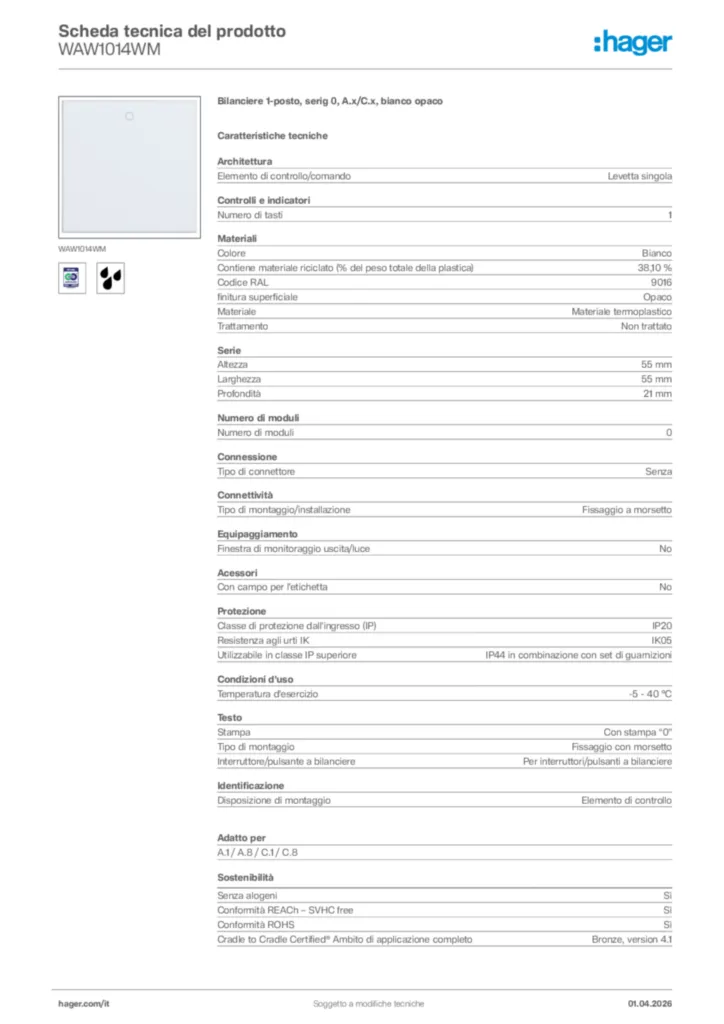 Immagine Hager Scheda tecnica del prodotto WAW1014WM | Hager Italia