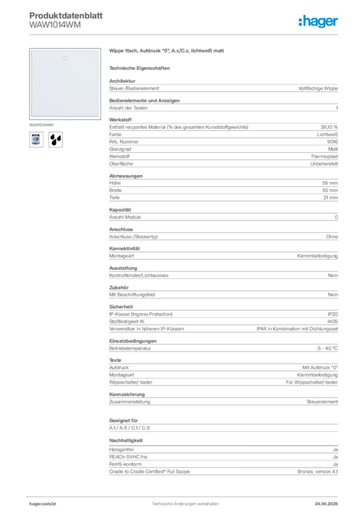 Bild Hager Produktdatenblatt WAW1014WM | Hager Deutschland