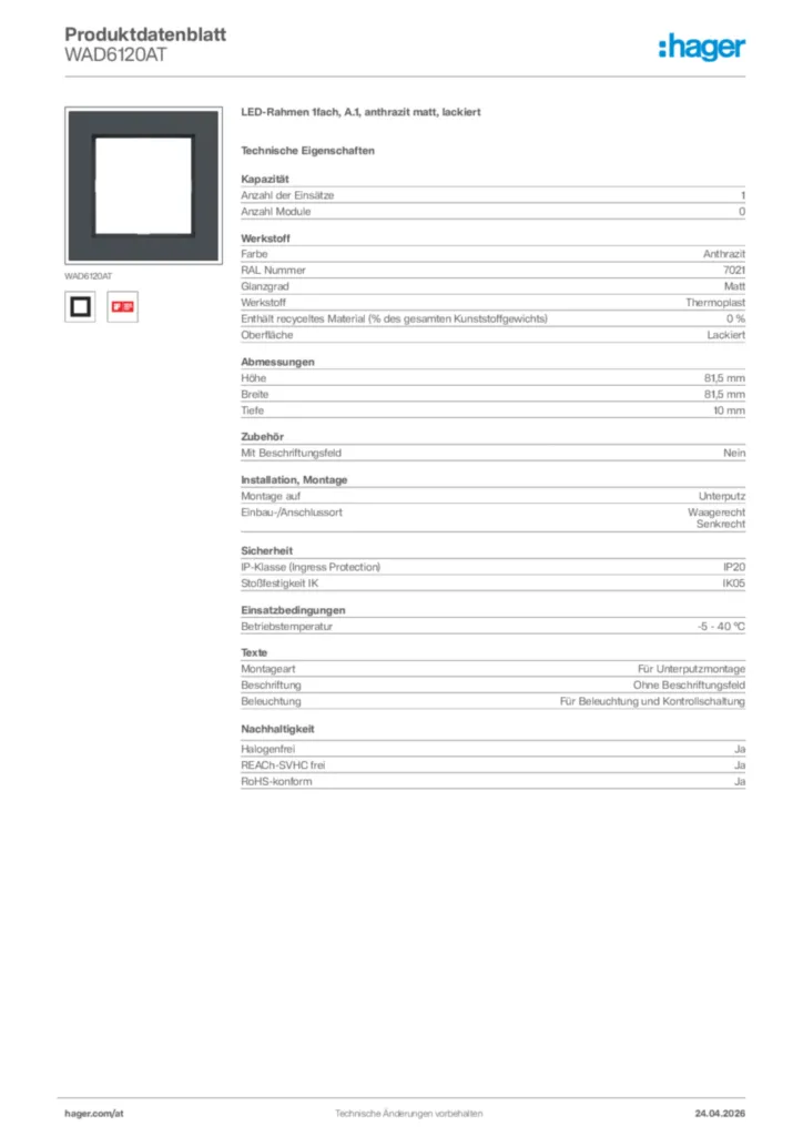 Bild Hager Produktdatenblatt WAD6120AT | Hager Deutschland