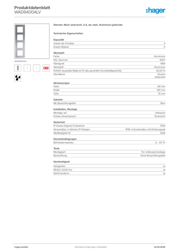 Bild Hager Produktdatenblatt WAD8400ALV | Hager Deutschland