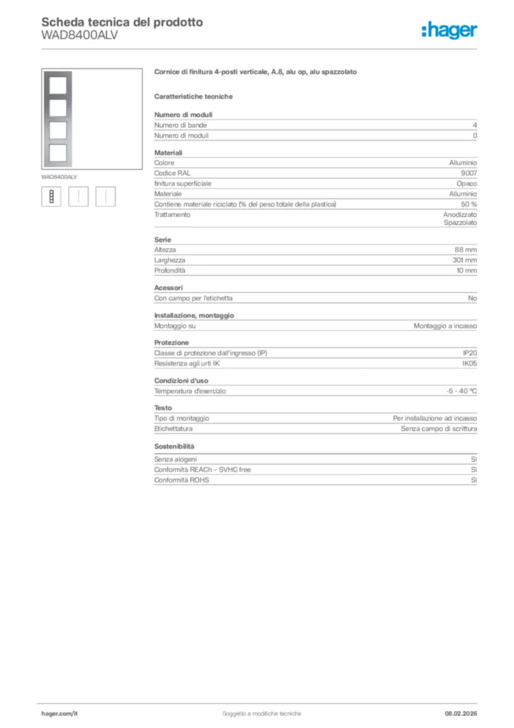 Immagine Hager Scheda tecnica del prodotto WAD8400ALV | Hager Italia