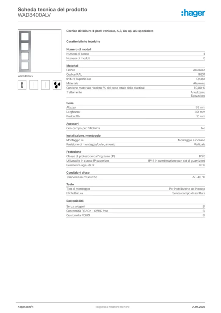 Immagine Hager Scheda tecnica del prodotto WAD8400ALV | Hager Italia