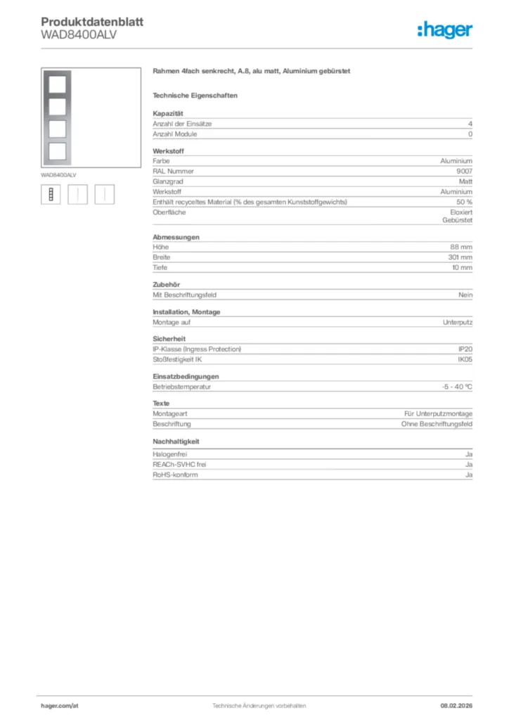Bild Hager Produktdatenblatt WAD8400ALV | Hager Deutschland