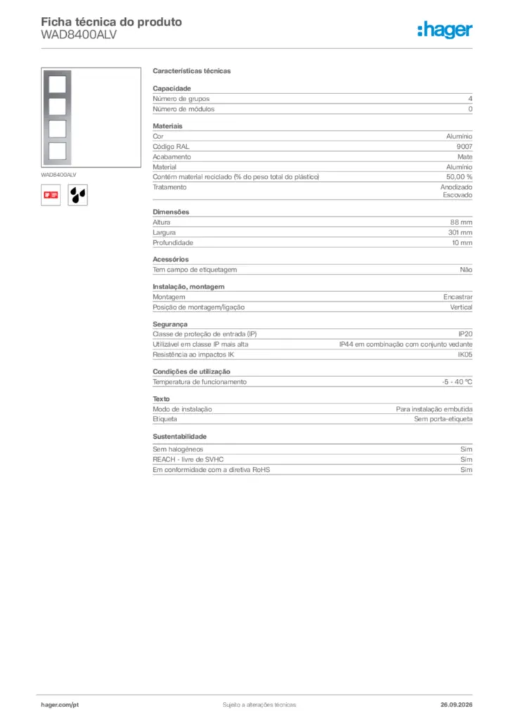 Imagem Hager Ficha técnica do produto WAD8400ALV | Hager Portugal