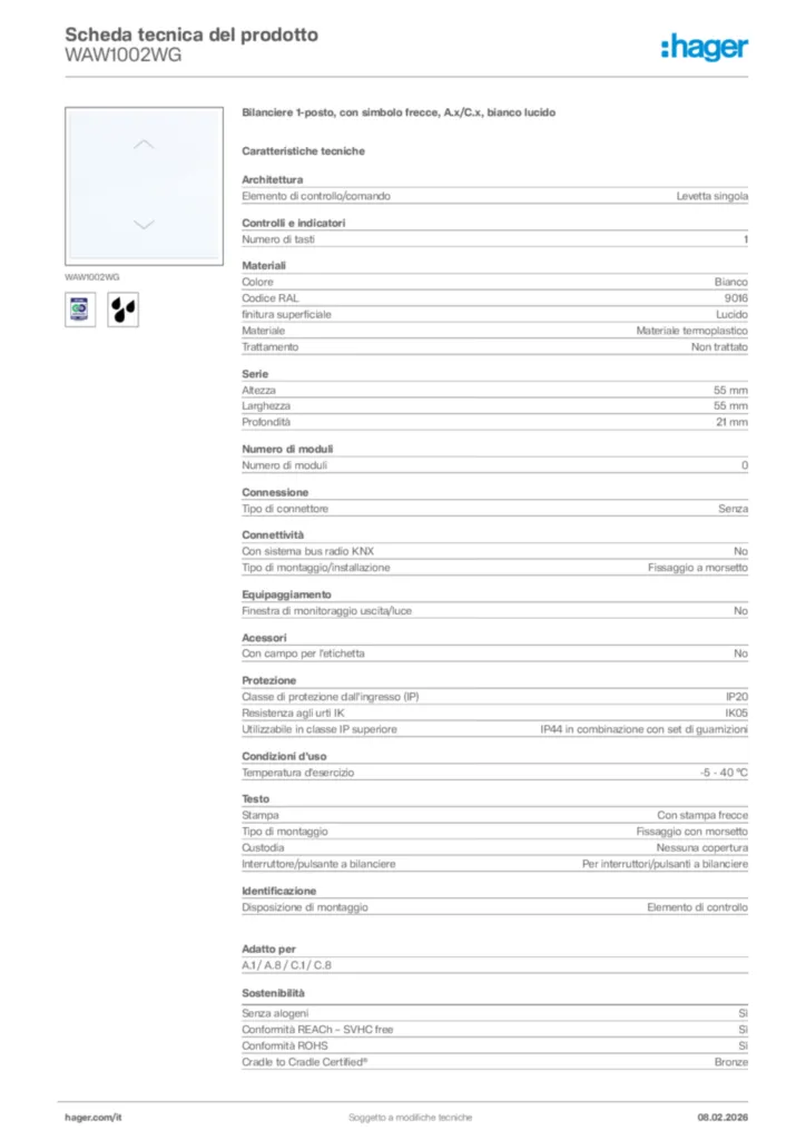 Immagine Hager Scheda tecnica del prodotto WAW1002WG | Hager Italia