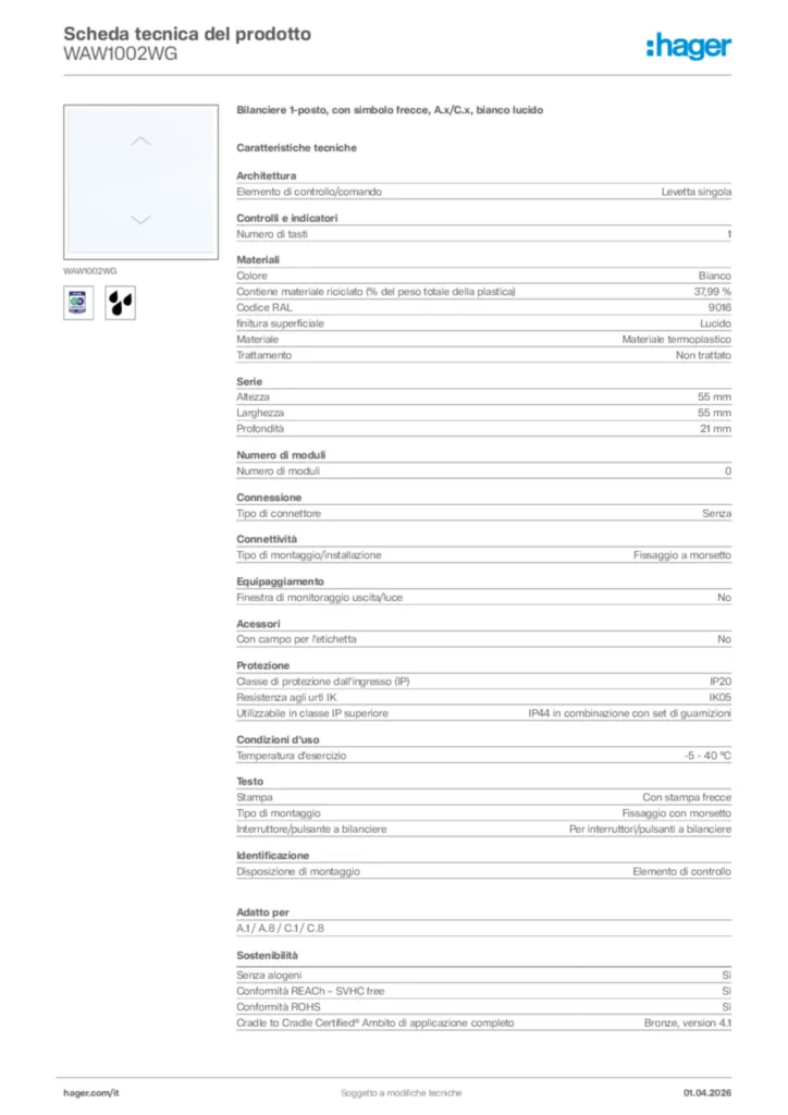 Immagine Hager Scheda tecnica del prodotto WAW1002WG | Hager Italia