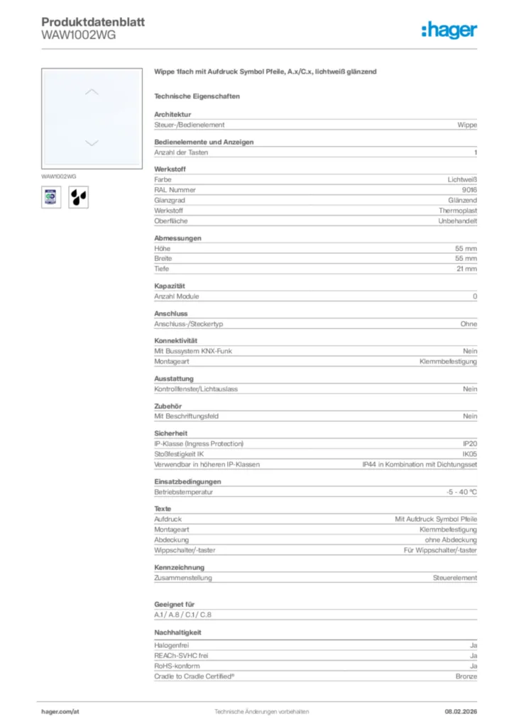 Bild Hager Produktdatenblatt WAW1002WG | Hager Deutschland