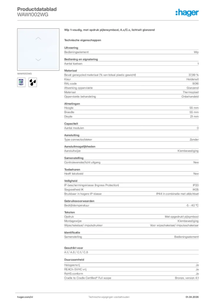 Afbeelding Hager Productdatablad WAW1002WG | Hager Nederland
