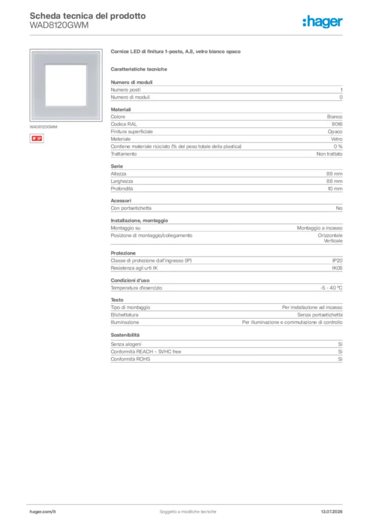 Immagine Hager Scheda tecnica del prodotto WAD8120GWM | Hager Italia