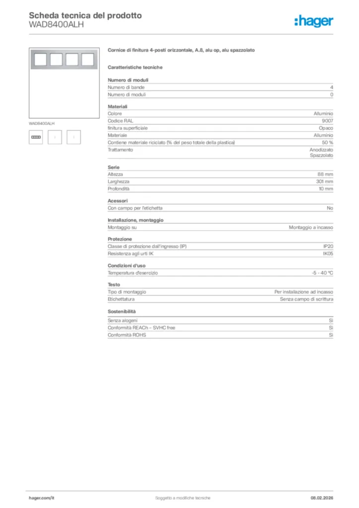 Immagine Hager Scheda tecnica del prodotto WAD8400ALH | Hager Italia