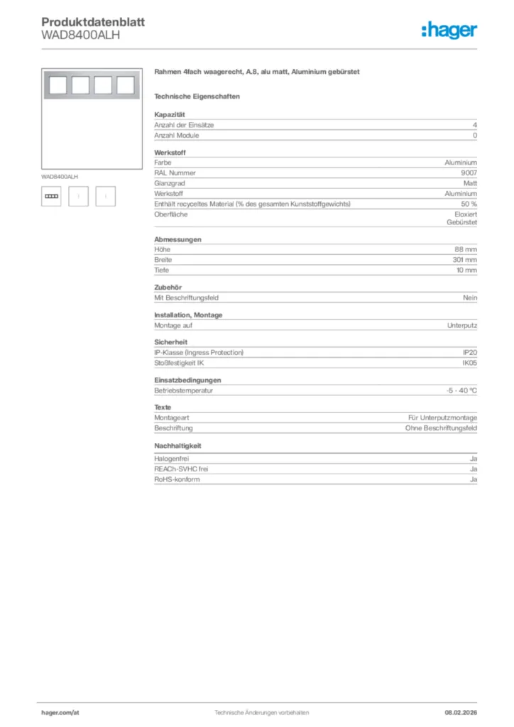 Bild Hager Produktdatenblatt WAD8400ALH | Hager Deutschland