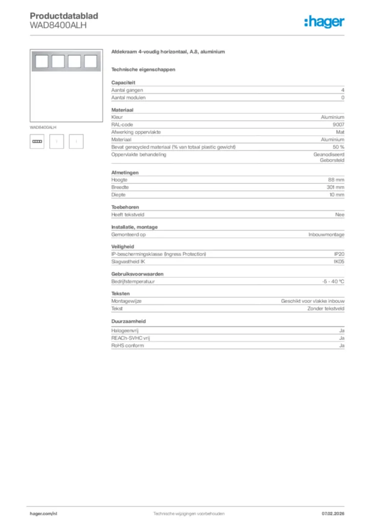 Afbeelding Hager Productdatablad WAD8400ALH | Hager Nederland