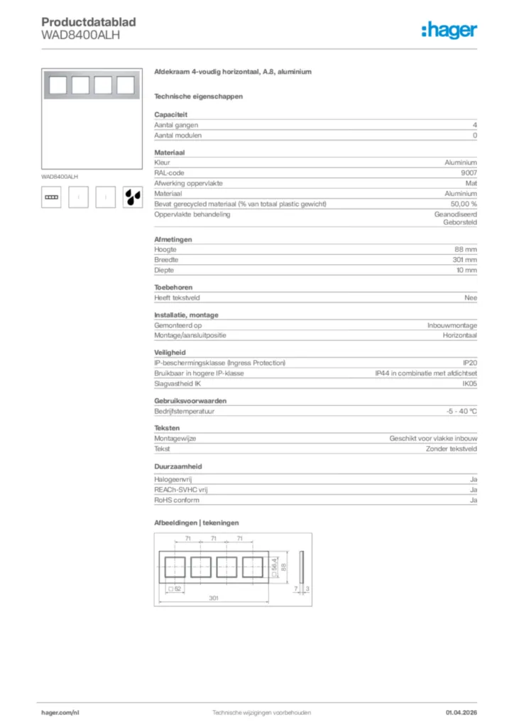 Afbeelding Hager Productdatablad WAD8400ALH | Hager Nederland