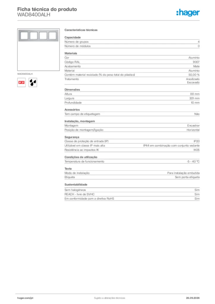 Imagem Hager Ficha técnica do produto WAD8400ALH | Hager Portugal
