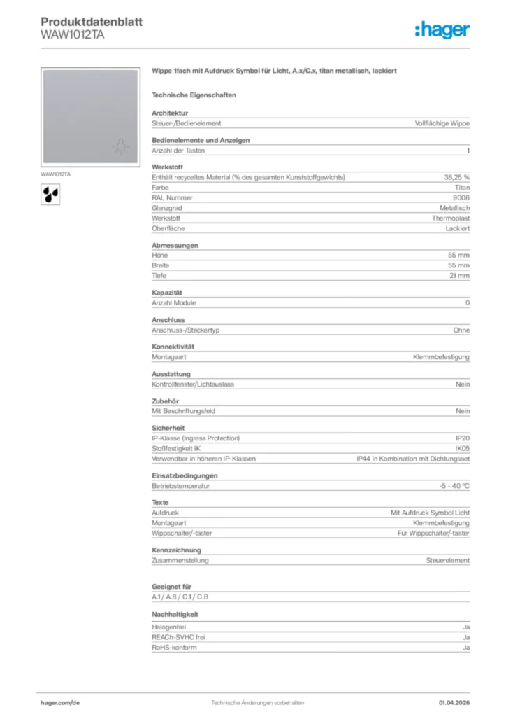 Bild Hager Produktdatenblatt WAW1012TA | Hager Deutschland