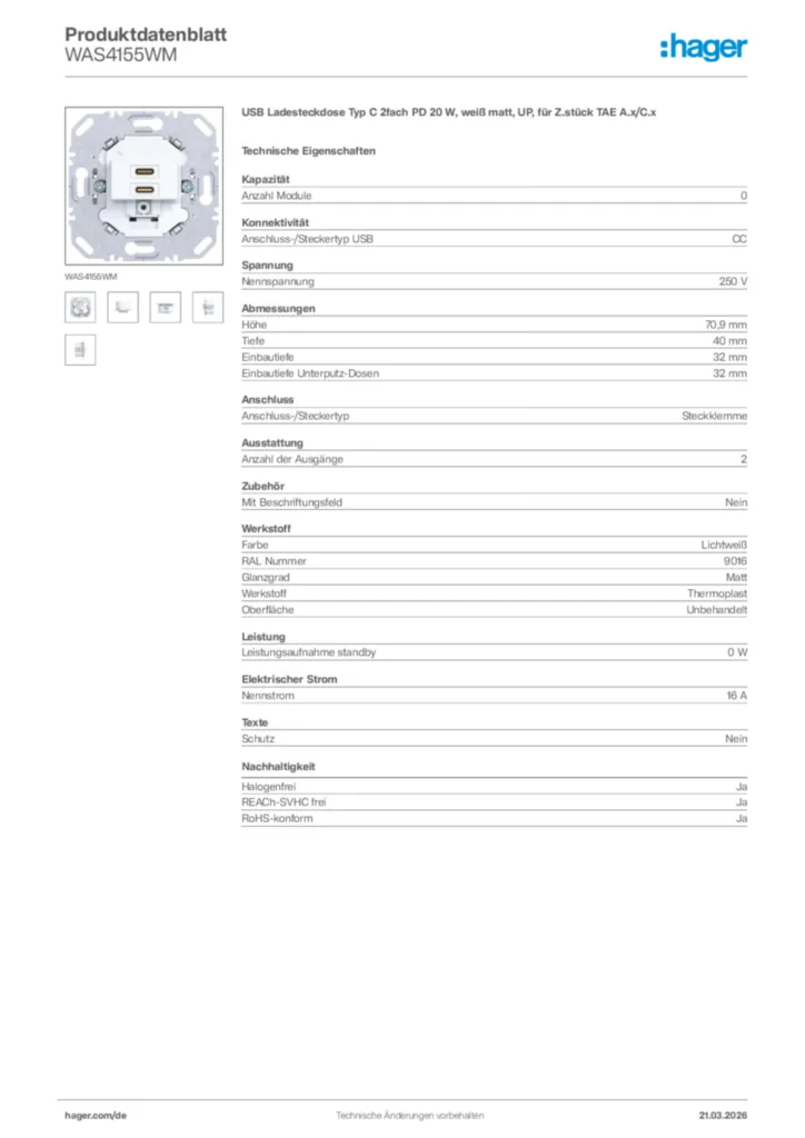 Bild Hager Produktdatenblatt WAS4155WM | Hager Deutschland