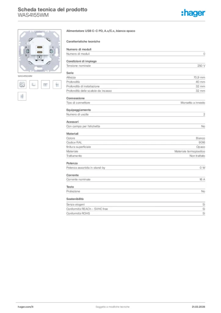 Immagine Hager Scheda tecnica del prodotto WAS4155WM | Hager Italia
