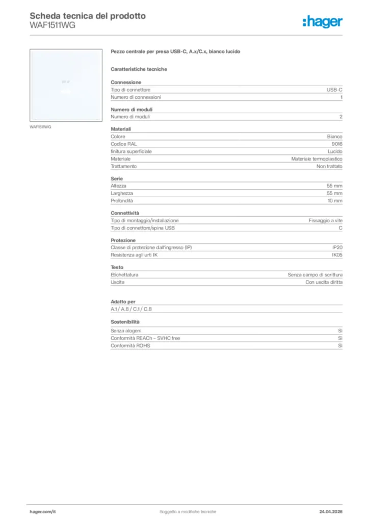 Immagine Hager Scheda tecnica del prodotto WAF1511WG | Hager Italia