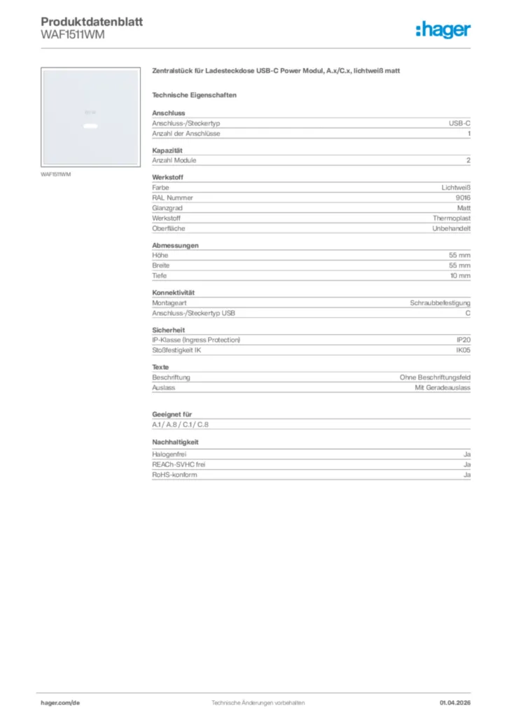 Bild Hager Produktdatenblatt WAF1511WM | Hager Deutschland